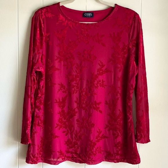 CHAPS Red Velvet Burnout Floral Sheer Lined 3/4 Sleeve Holiday Blouse To… - Picture 1 of 10